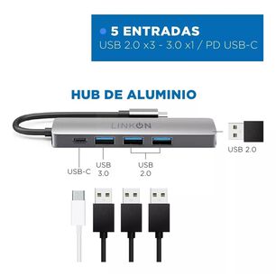 Hub Adaptador Linkon Usb Tipo C 5 En 1 Rj45 Para Mac Y Windows - Gris