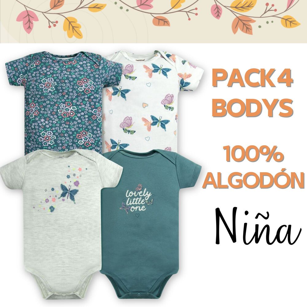 Pack 4 Bodys Ni&ntilde;a Manga Corta Tedmimak 100% Algod&oacute;n Mariposas Azul image number 4.0