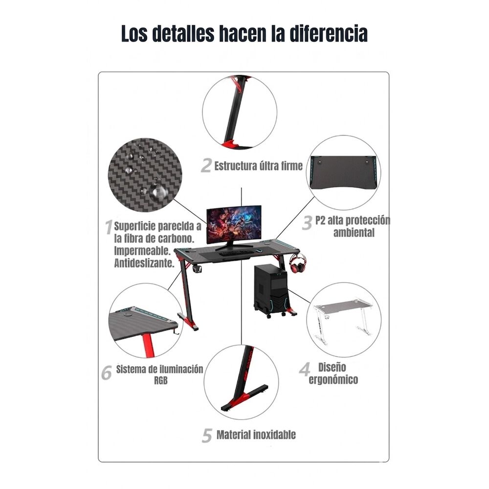 Escritorio Gamer Con Luces 140x60x73cm Negro Lubabycas image number 4.0