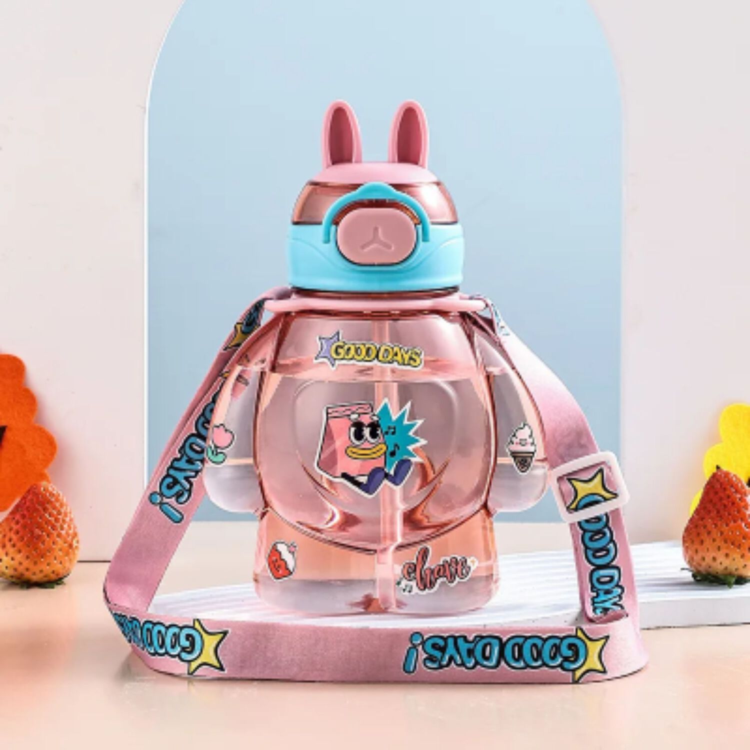 Botella Pl&aacute;stica 650ml Con Correa Y Orejitas Estilo Kawai Sin Bpa Ni&ntilde;os Pink image number 0.0