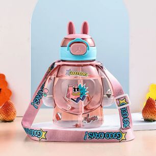 Botella Pl&aacute;stica 650ml Con Correa Y Orejitas Estilo Kawai Sin Bpa Ni&ntilde;os Pink