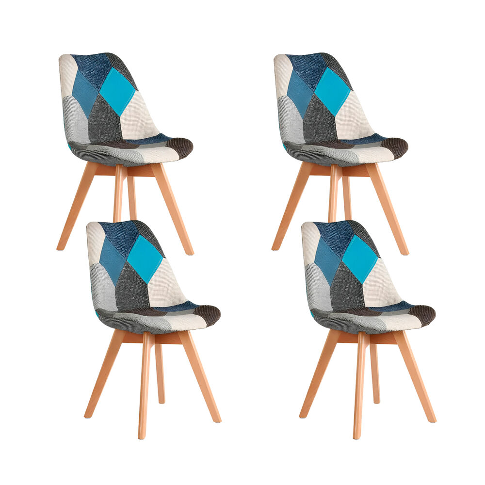 Pack De 4 Sillas Eames Patchwork Acolchada Tela Wood - Celeste image number 0.0
