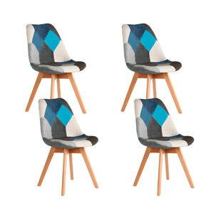 Pack De 4 Sillas Eames Patchwork Acolchada Tela Wood - Celeste