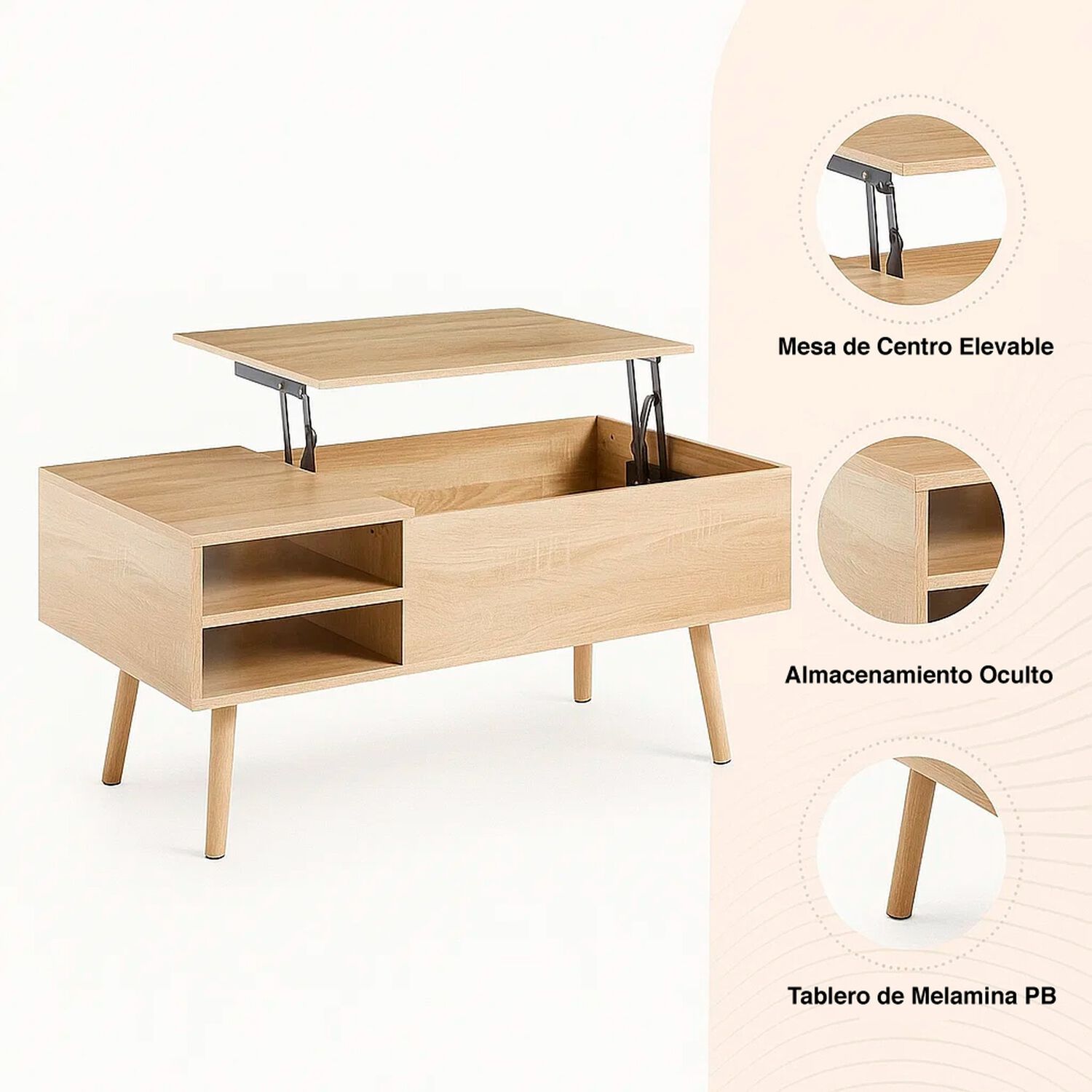 Mesa De Centro Elevable Con Bandeja Y Almacenamiento - Madera image number 4.0