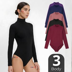 Pack 3 Bodys Manga Larga Bamb&uacute; Cuello Alto Beatle Mujer Colores Surtidos