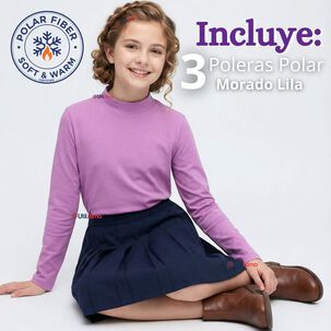 Pack 3 Poleras Camisetas Polar Lila Primera Capa Cuello Beatle Manga Larga Ni&ntilde;a