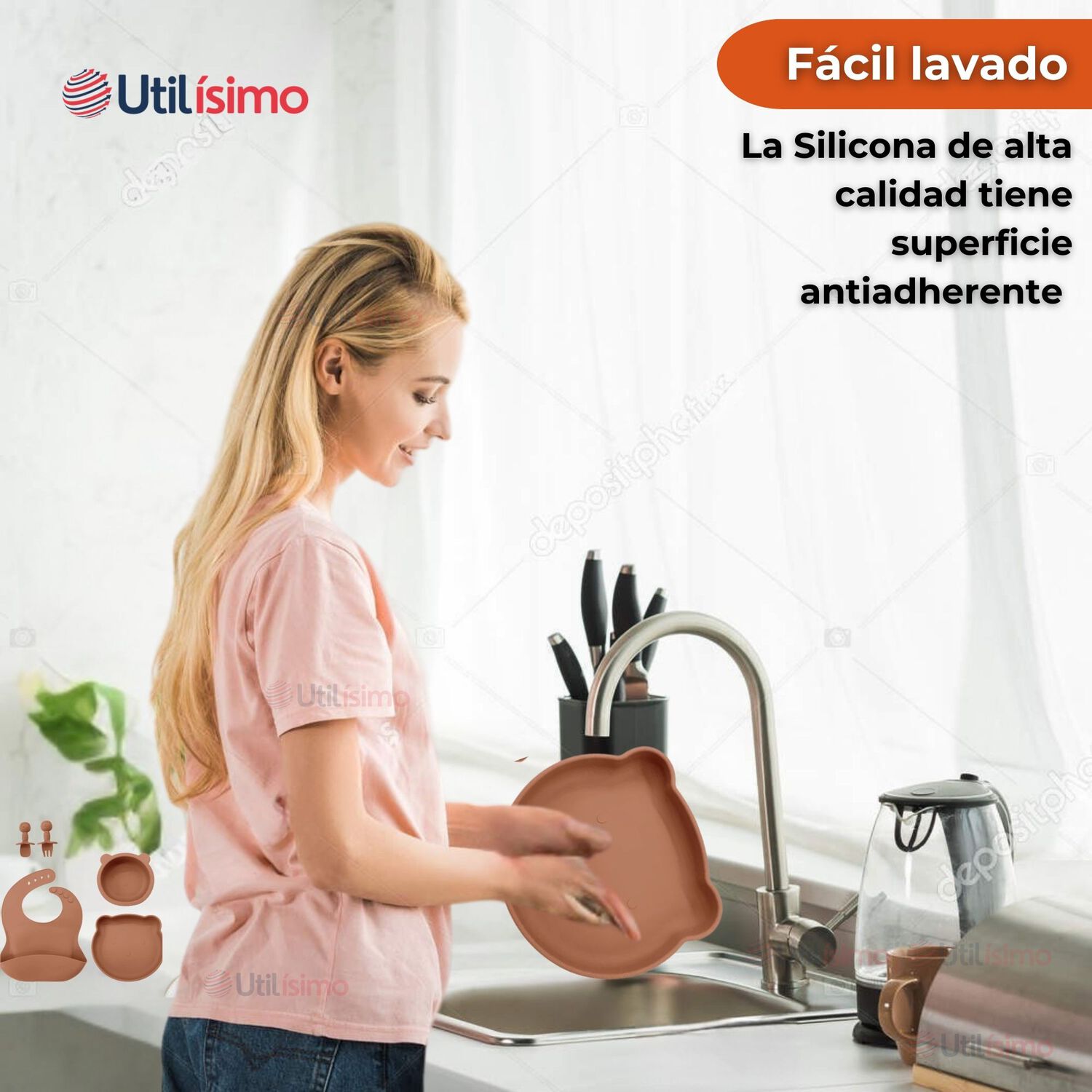 Set De Alimentaci&oacute;n Beb&eacute; Silicona 5 Piezas De Osito Libre Bpa Color Naranja image number 5.0