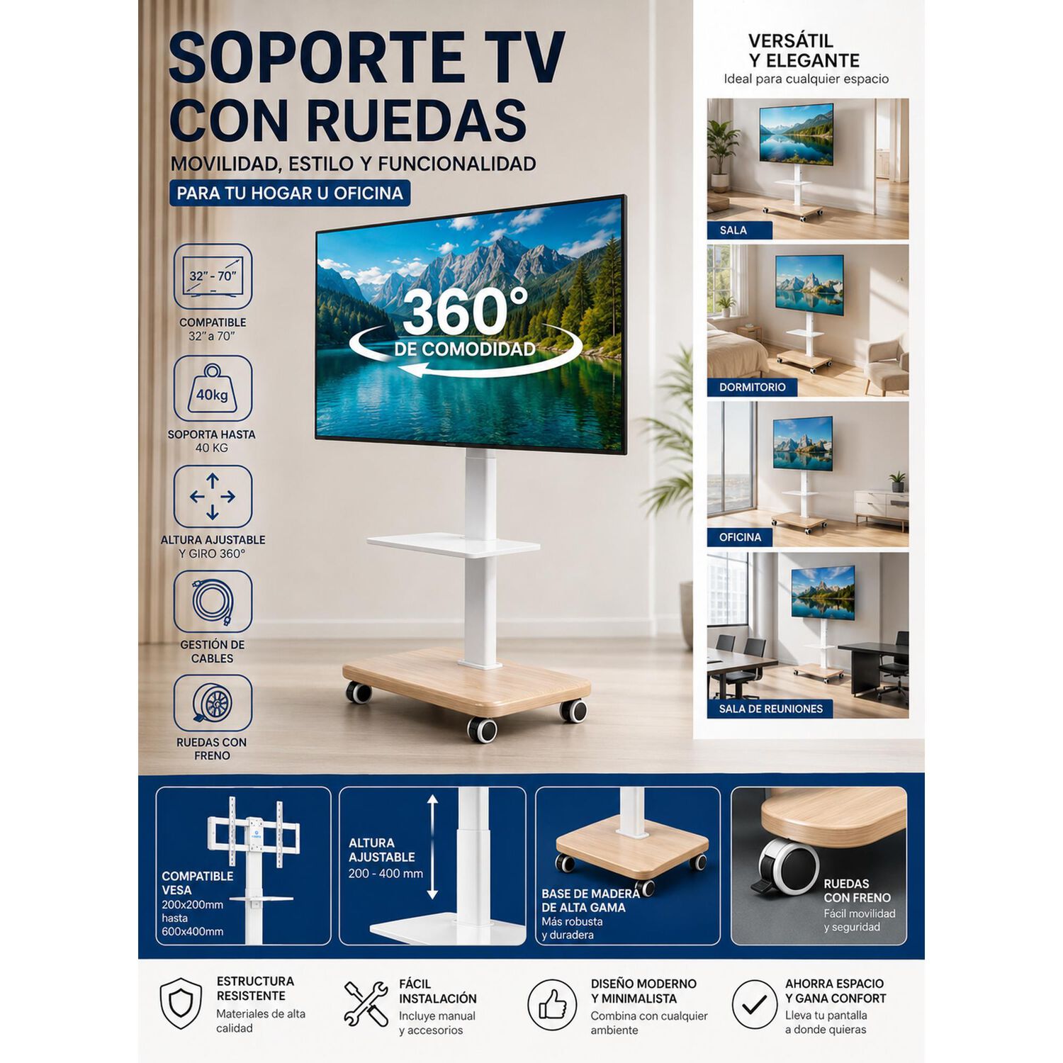 Soporte Base Tv Con Ruedas Tipo Pedestal Rack 32 A 50" image number 7.0