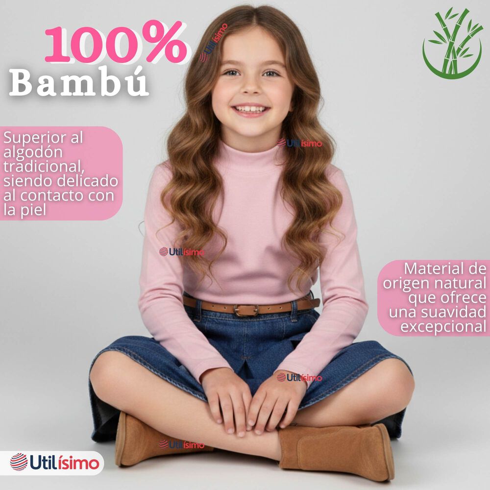 Polera Camiseta Bamb&uacute; Cuello Beatle Primera Capa Rosado Claro Manga Larga Ni&ntilde;a image number 3.0