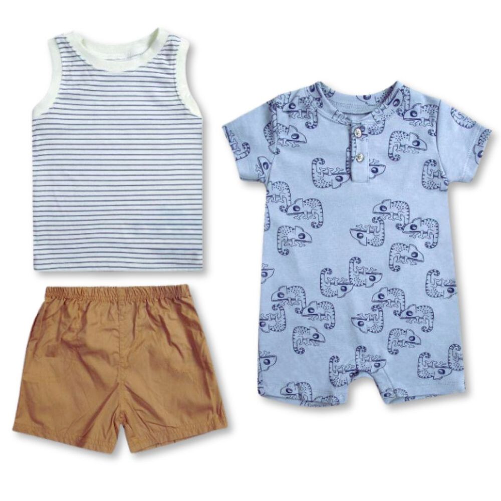 Set 3 Piezas Conjunto Con Enterito Bebe Niño Tedmimak 100% Algodón Rayas Azules image number 0.0