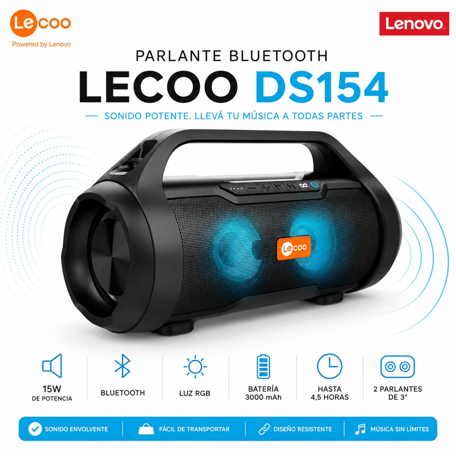 Parlante Portatil Lenovo Leco Ds154 Bluetooth Retroiluminado image number 2.0