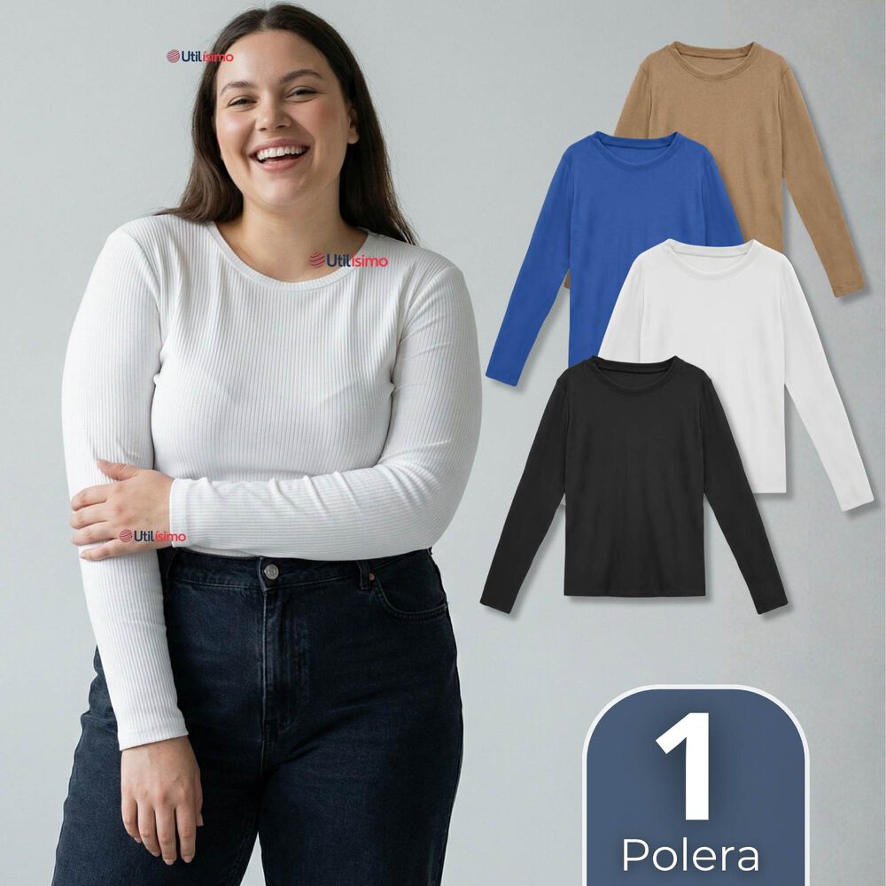 Camiseta Polar Polera Cuello Redondo Mujer Manga Larga Tela Acanalada Colores Surtidos image number 0.0