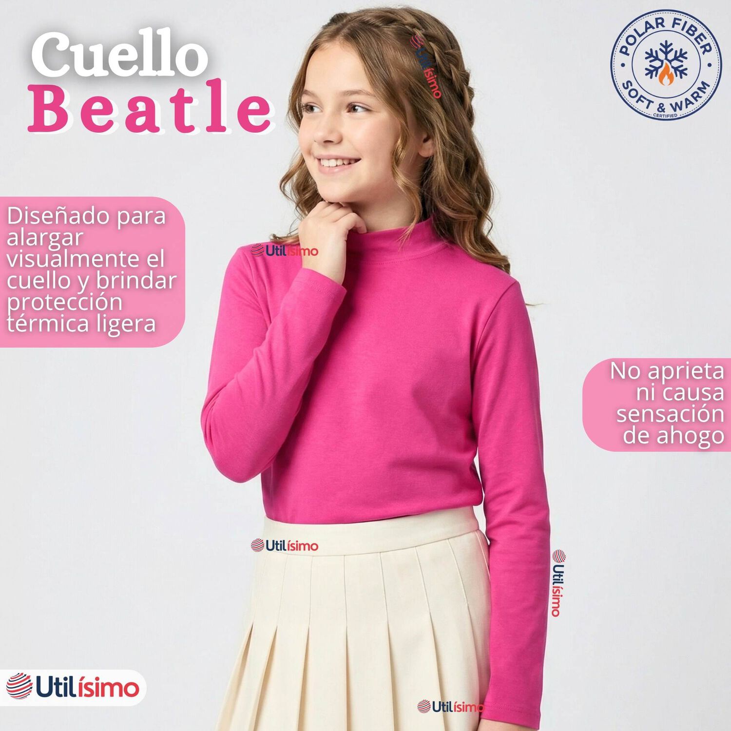 Pack 3 Poleras Camisetas Polar Fucsias Primera Capa Cuello Beatle Manga Larga Ni&ntilde;a image number 5.0