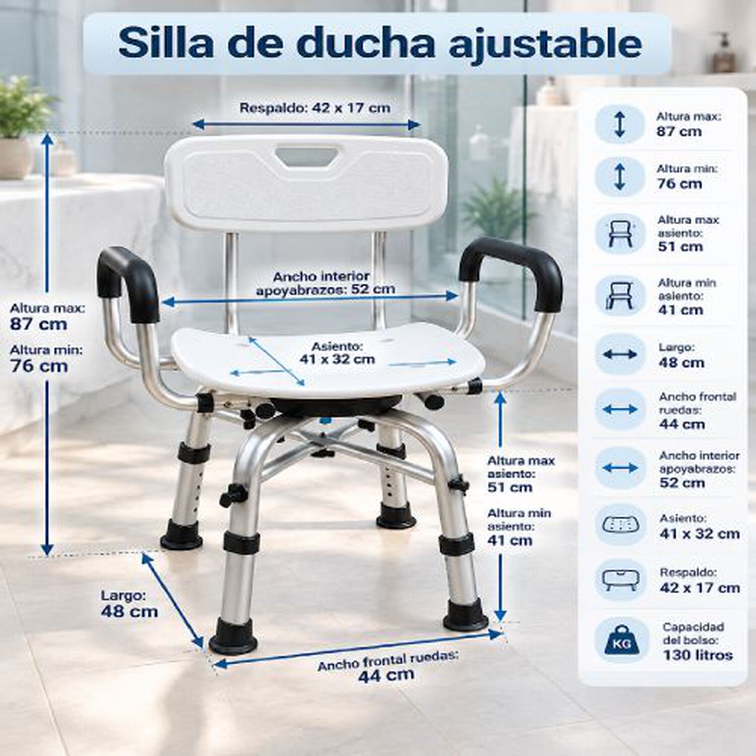 Silla De Ducha Giratoria Oneder 483a Adulto Mayor De Aluminio Con Respaldo Y Apoyabrazos 130 Kg image number 2.0