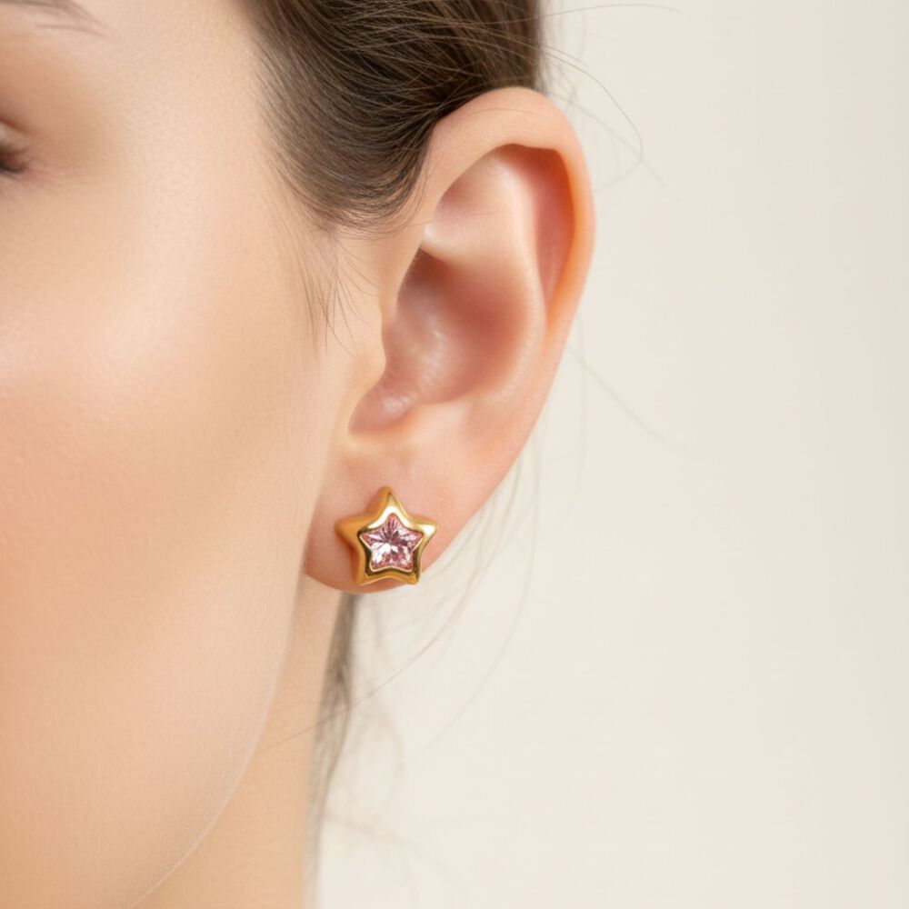 Aros Abridores Estrella 5 Puntas 7 Mm Oro 18k Con Circ&oacute;n Rosado Y Tope A Presi&oacute;n image number 2.0