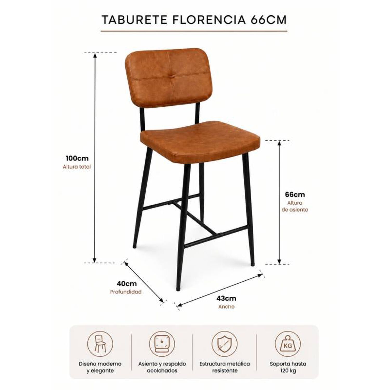 Taburete Alto Bronx 66 Cm Ecocuero Marr&oacute;n Con Estructura Met&aacute;lica Negra image number 1.0