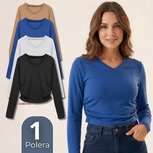Camiseta Polar Polera Cuello V Mujer Manga Larga Tela Acanalada Colores Surtidos