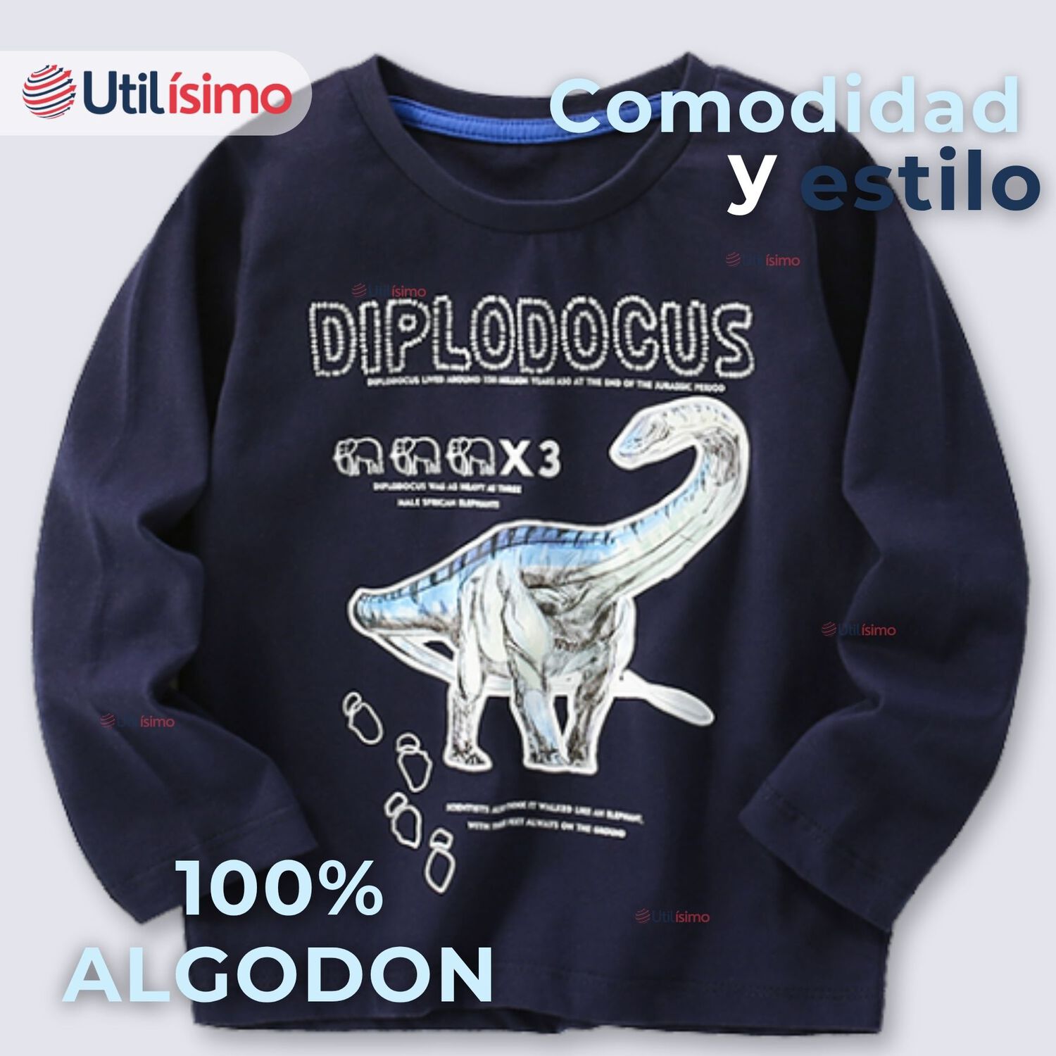 Polera Manga Larga Ni&ntilde;o 100% Algod&oacute;n Dinosaurio Azul Camiseta image number 1.0