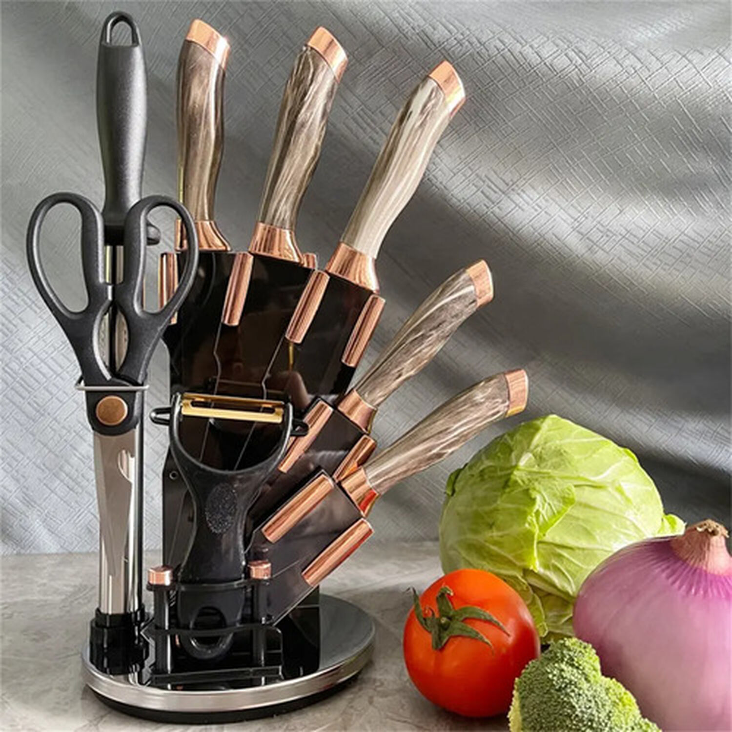Set Cuchillos De Cocina 9 Piezas Con Base Giratoria Marmoleado Taupe Dorado image number 1.0