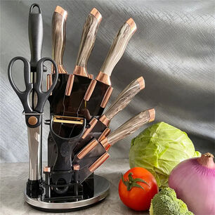 Set Cuchillos De Cocina 9 Piezas Con Base Giratoria Marmoleado Taupe Dorado