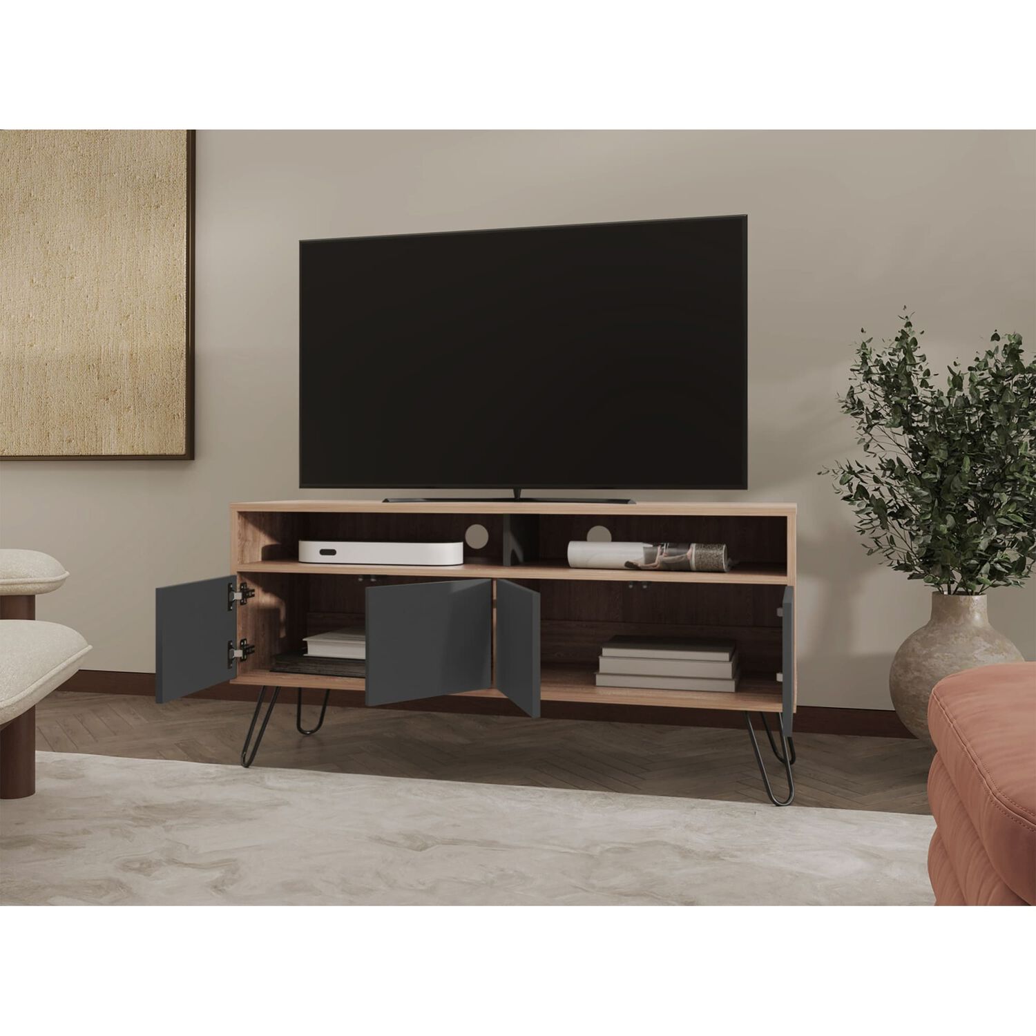 Rack Tv 55" Con 2 Repisas Y 4 Puertas Fm-006c Caf&eacute; Claro Y Plomo image number 8.0