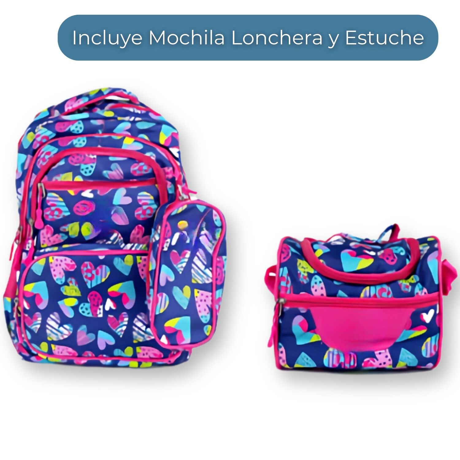 Pack Mochila Lonchera Estuche 45cm Juvenil Escolar Full Color Hearts image number 2.0