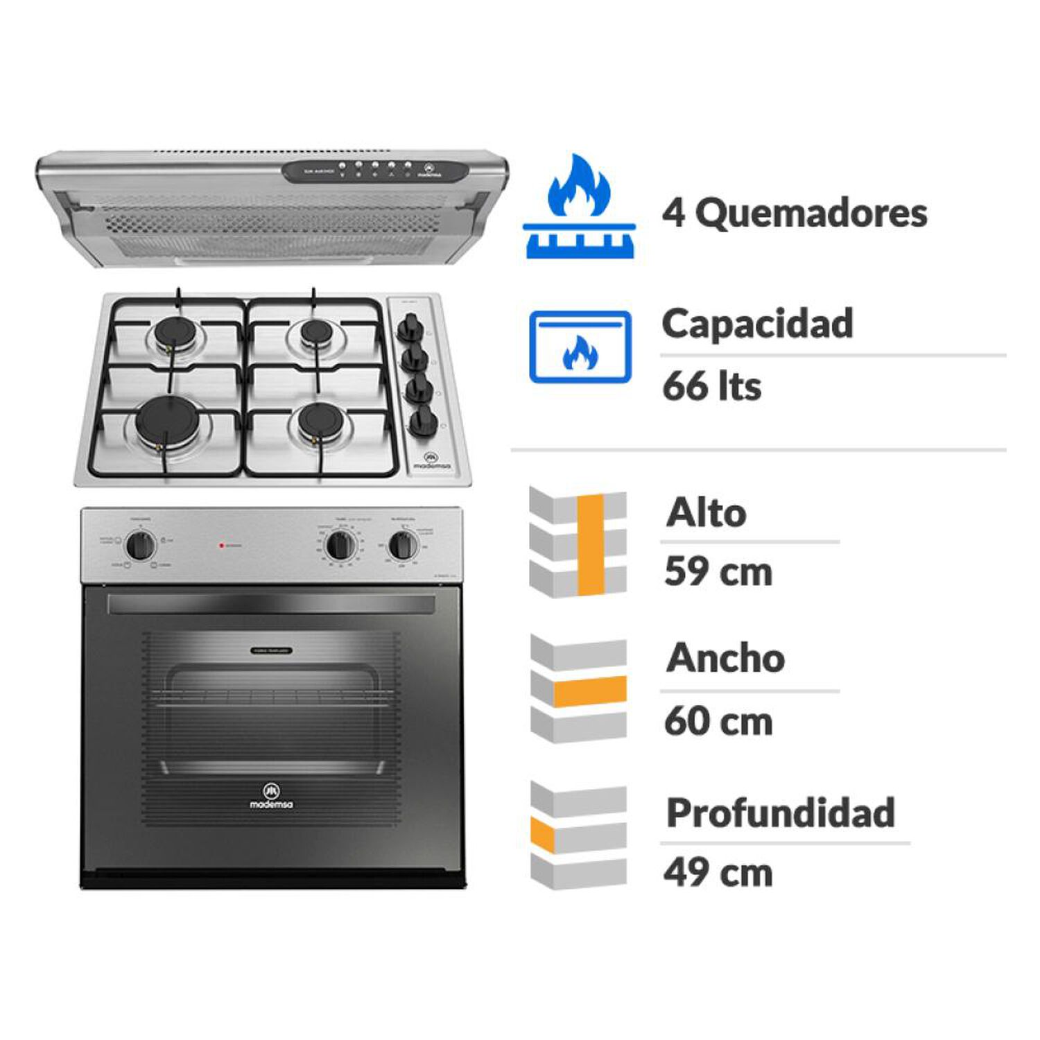 Kit De Cocina Mademsa Horno Empotrado M Spazio 140A + Encimera El&eacute;ctrica MCE 435E T + Campana Slim M60 Inox / 4 Quemadores image number 1.0