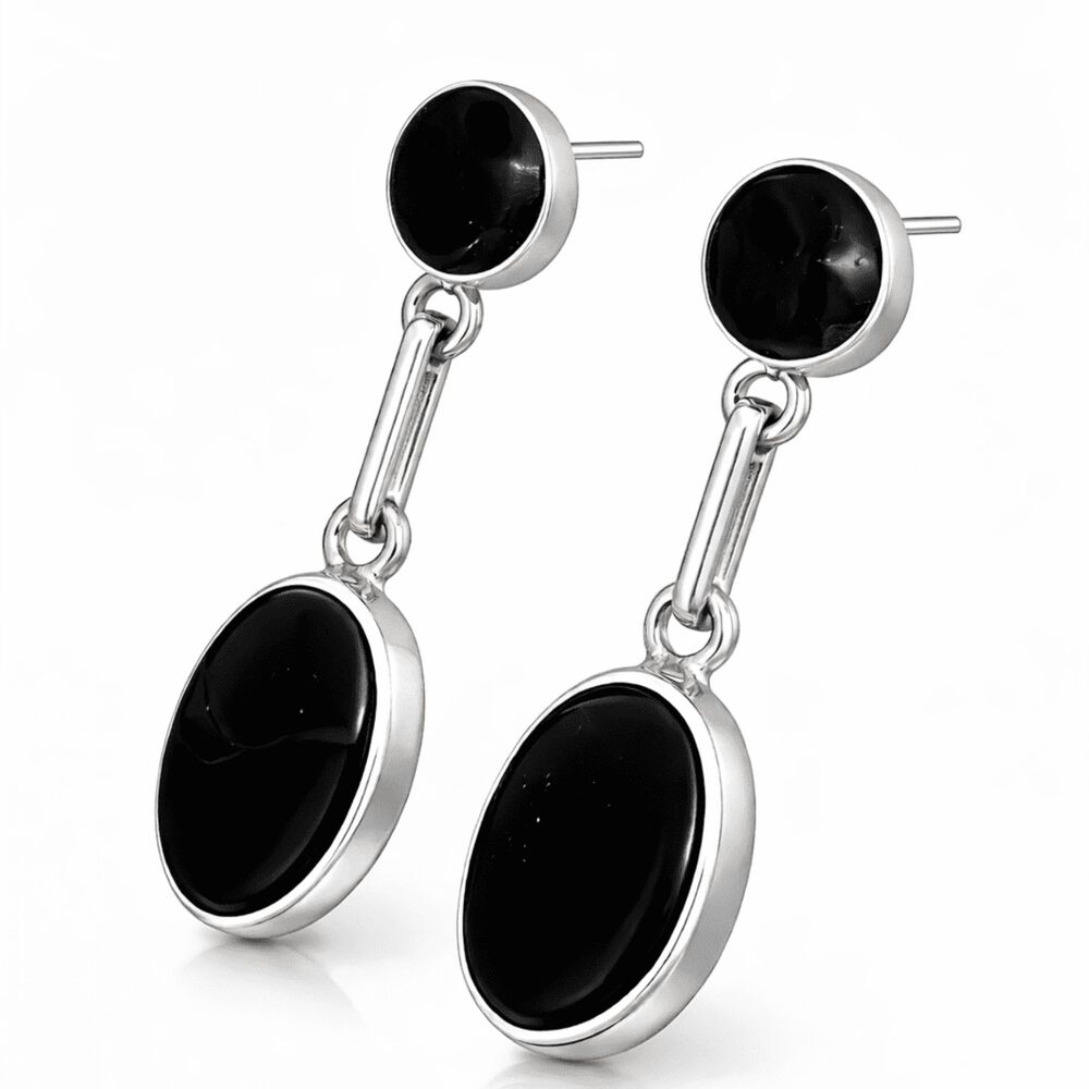 Aros &Oacute;nix Ovalado Plata 950 Atornillados Colgantes Mujer Elegantes Piedra Negra image number 1.0