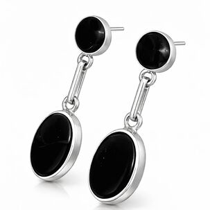 Aros &Oacute;nix Ovalado Plata 950 Atornillados Colgantes Mujer Elegantes Piedra Negra