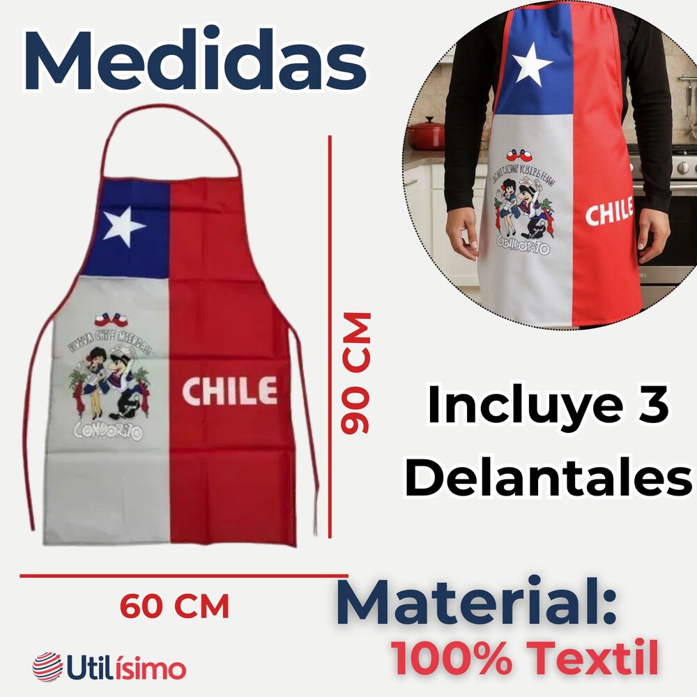 Pack 3 Delantal Cocina Fiestas Patrias Bandera Chilena 60x90 Condorito image number 1.0