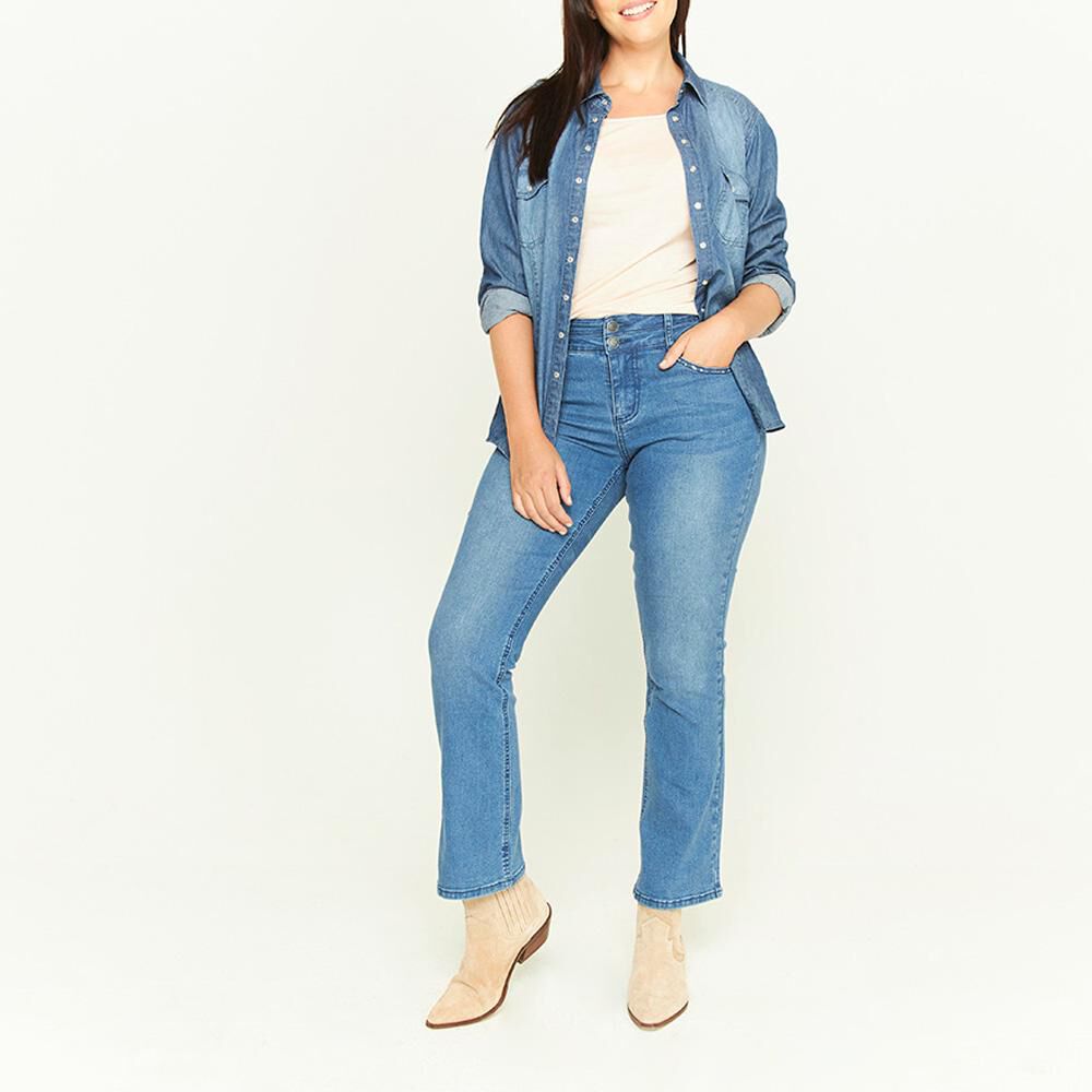 Jeans Con Brillo Tiro Alto Recto Flare Mujer Geeps image number 1.0