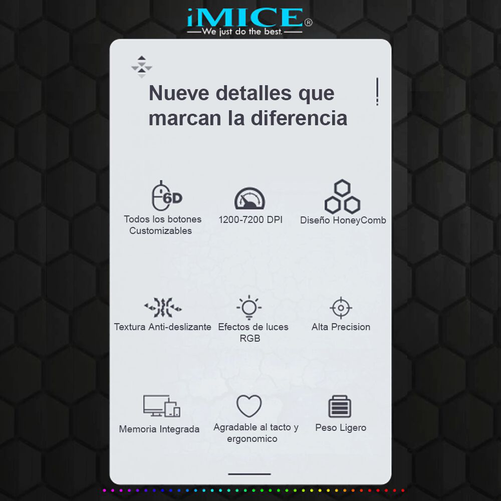 Mouse Gamer Premium Imice T98 Rgb 7200 Dpi Honeycomb Usb image number 2.0