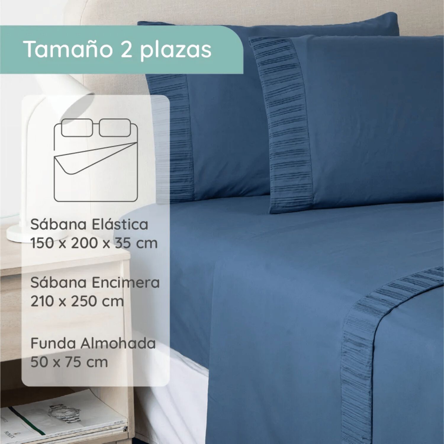 Sabanas 2 Plazas Microfibra 300 Hilos Azul Marino image number 2.0
