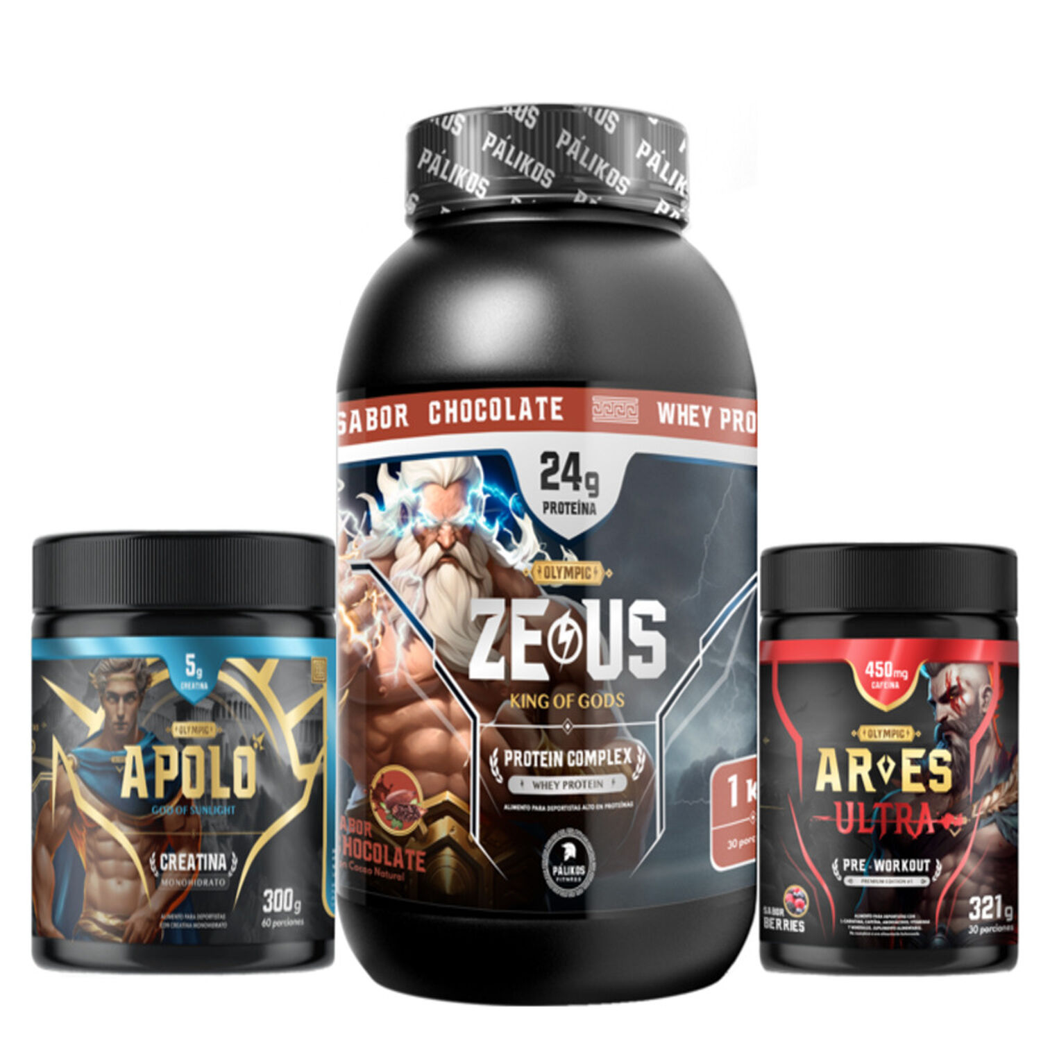 Pack Whey Protein Zeuscomplex 1 Kg + Creatina + Pre Entreno Chocolate. image number 0.0
