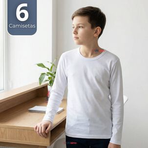 Pack 6 Camisetas Algod&oacute;n Manga Larga Polera Primera Capa Blanco Ni&ntilde;o