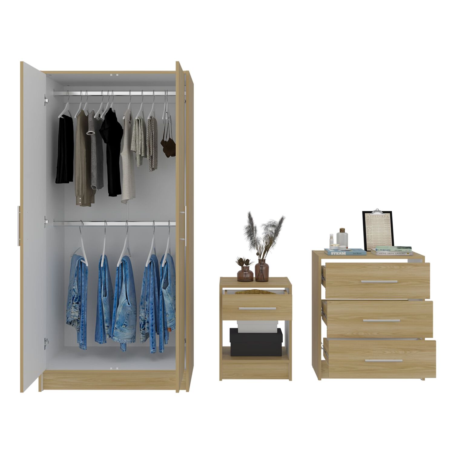Set Dormitorio Closet 2 Puertas + Velador + Comoda Fm Caf&eacute; Claro image number 2.0