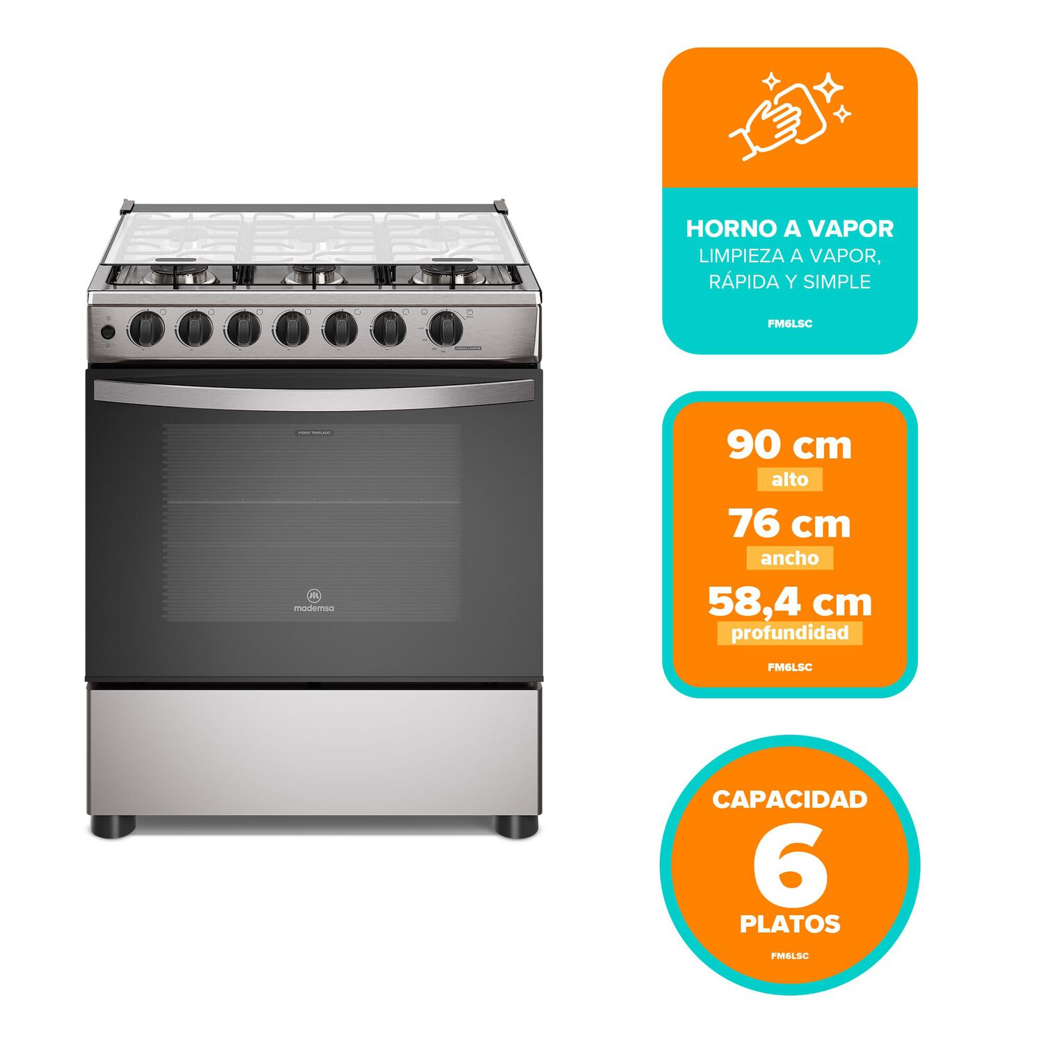 Cocina A Gas 6 Platos Horno Vapor Y Parrillas Alambr&oacute;n Fm6lsc Inox image number 2.0
