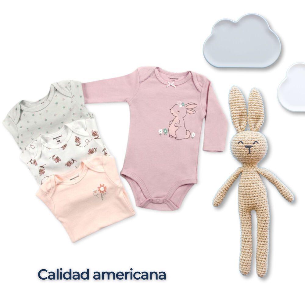 Pack 4 Bodys Beb&eacute; Ni&ntilde;a Manga Larga Tedmimak 100% Algod&oacute;n Rabbit With Flowers image number 4.0