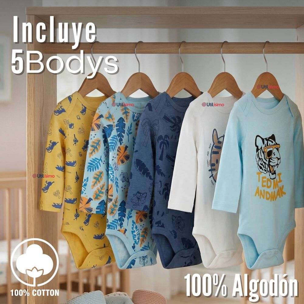 Pack 5 Bodys Manga Larga 100% Algod&oacute;n Beb&eacute; Ni&ntilde;o Wild Tiger image number 1.0