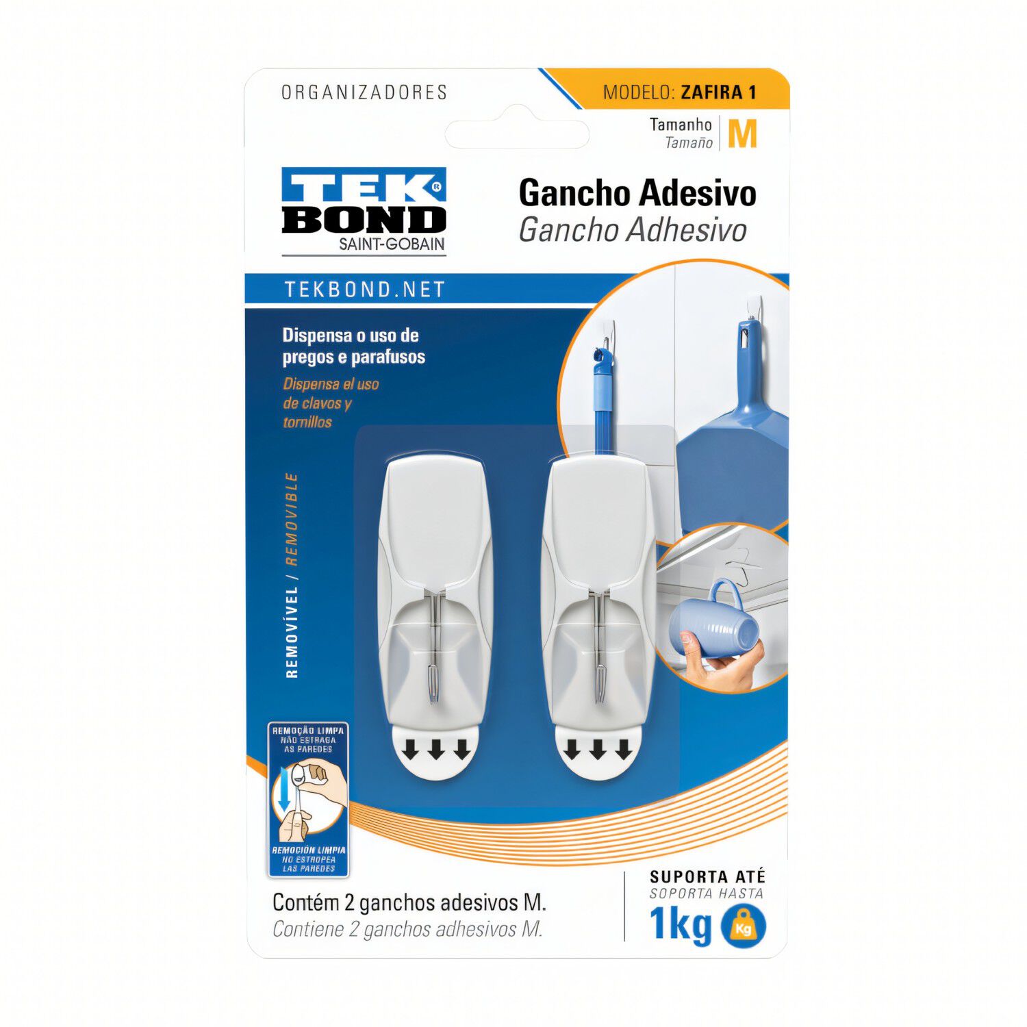 Ganchos Adhesivos Pl&aacute;stico Metal Zafira Blanco Individual - 1kg 2un. - Tekbond image number 0.0