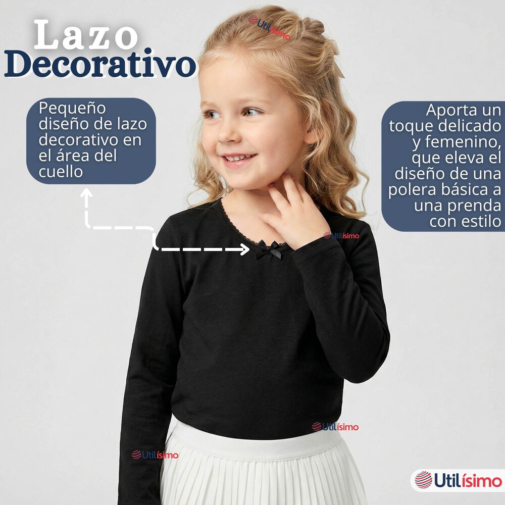 Camiseta Polera Algod&oacute;n Cuello Redondo Negra Primera Capa Manga Larga Ni&ntilde;a image number 6.0