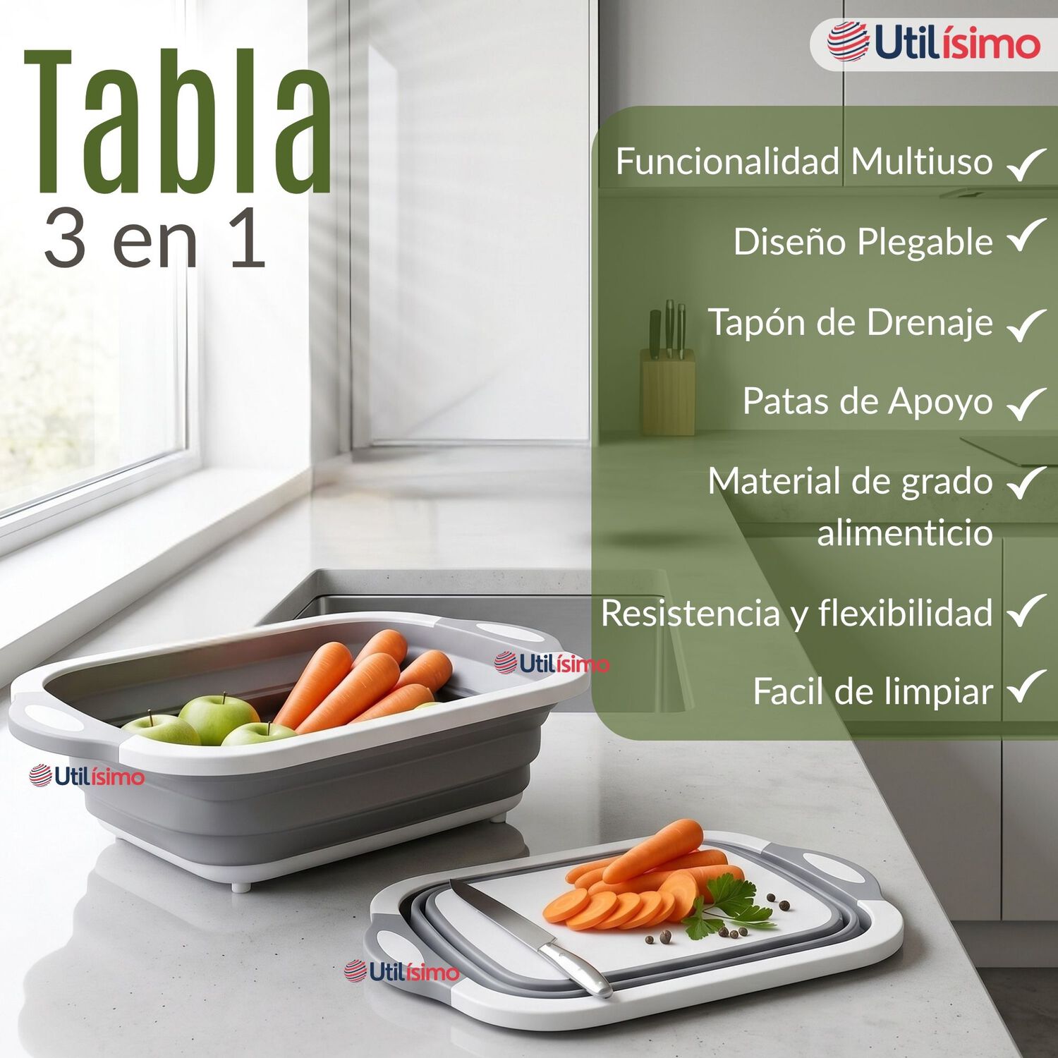 Tabla De Picar Plegable 3 En 1 Drenaje Multiuso Cocina Silicona image number 2.0