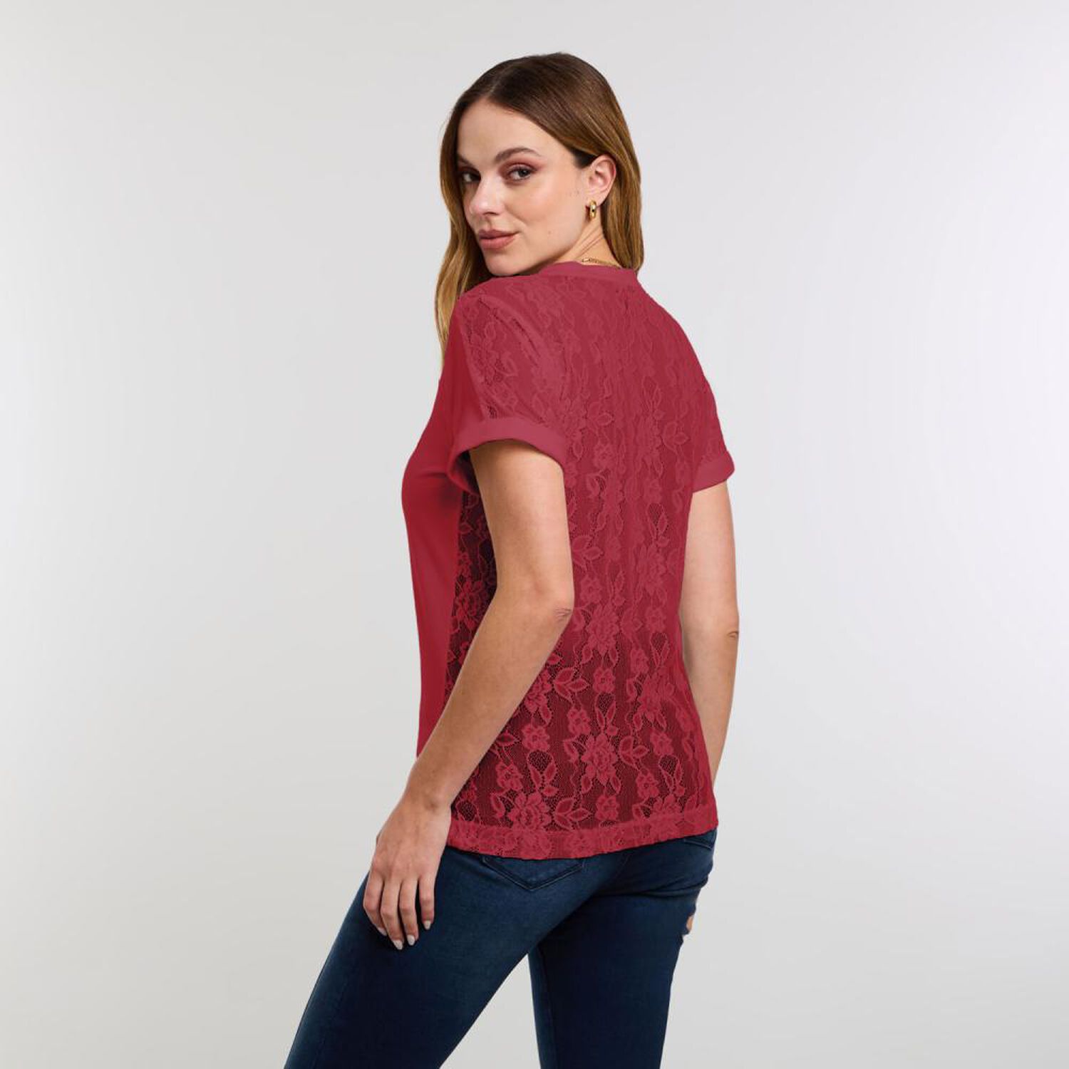Polera Lisa Aplicaci&oacute;n Lace Manga Corta Cuello Redondo Mujer Kimera image number 2.0