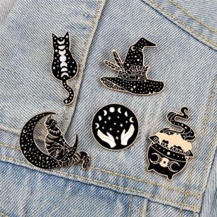 Set Pines Broches Gotico Bruja Gato Negro Proteccion Dark