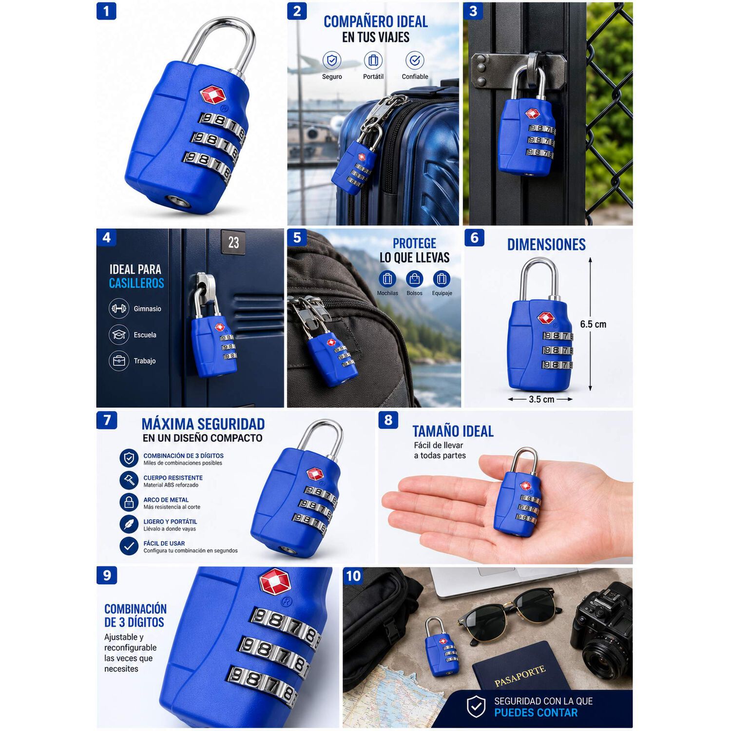 Candado Tsa 33mm Seguridad Maleta Locker Llave Y Clave Azul image number 5.0