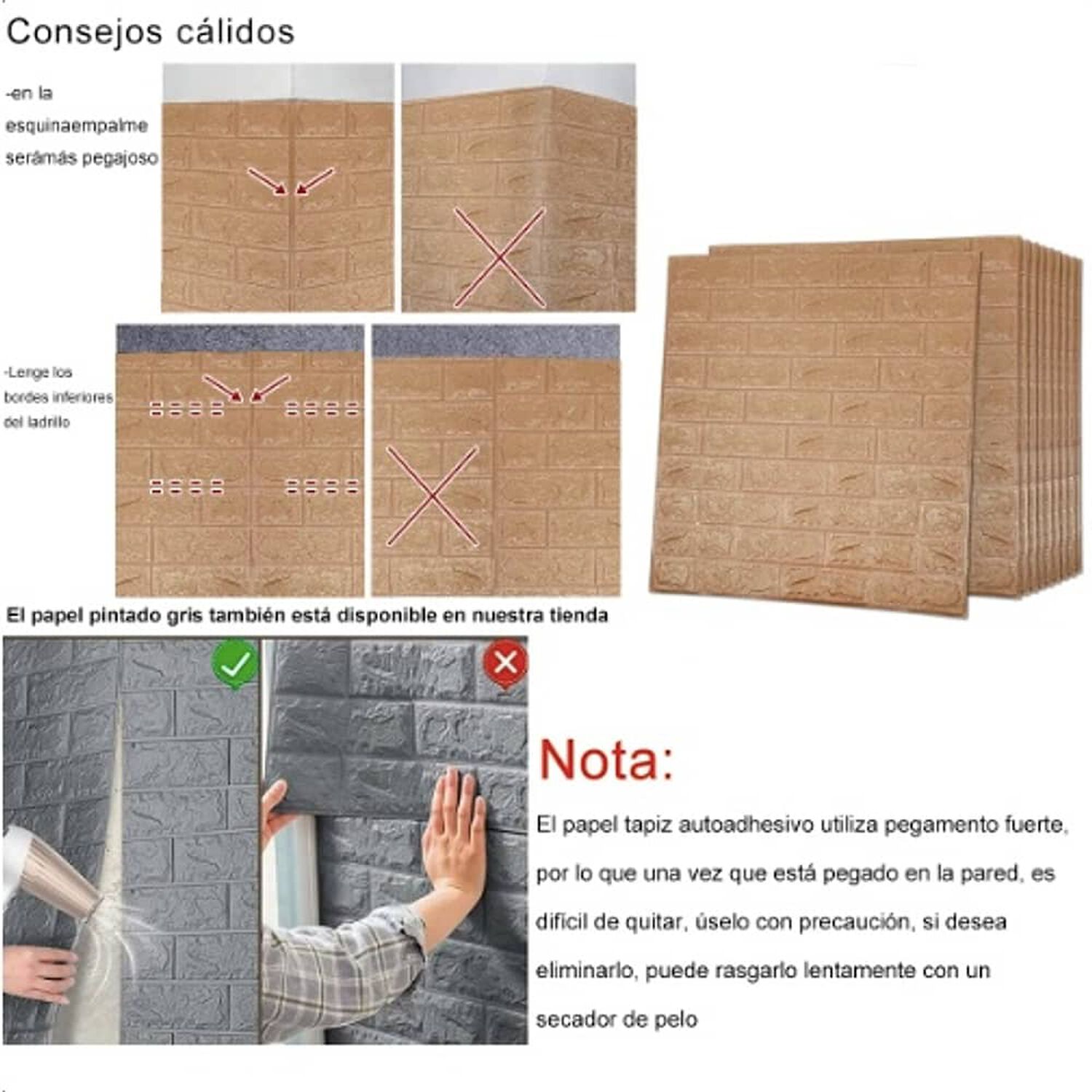 Pack 10 Lamina Papel Mural Autoadhesivo 3d Ladrillo Caf&eacute; image number 4.0