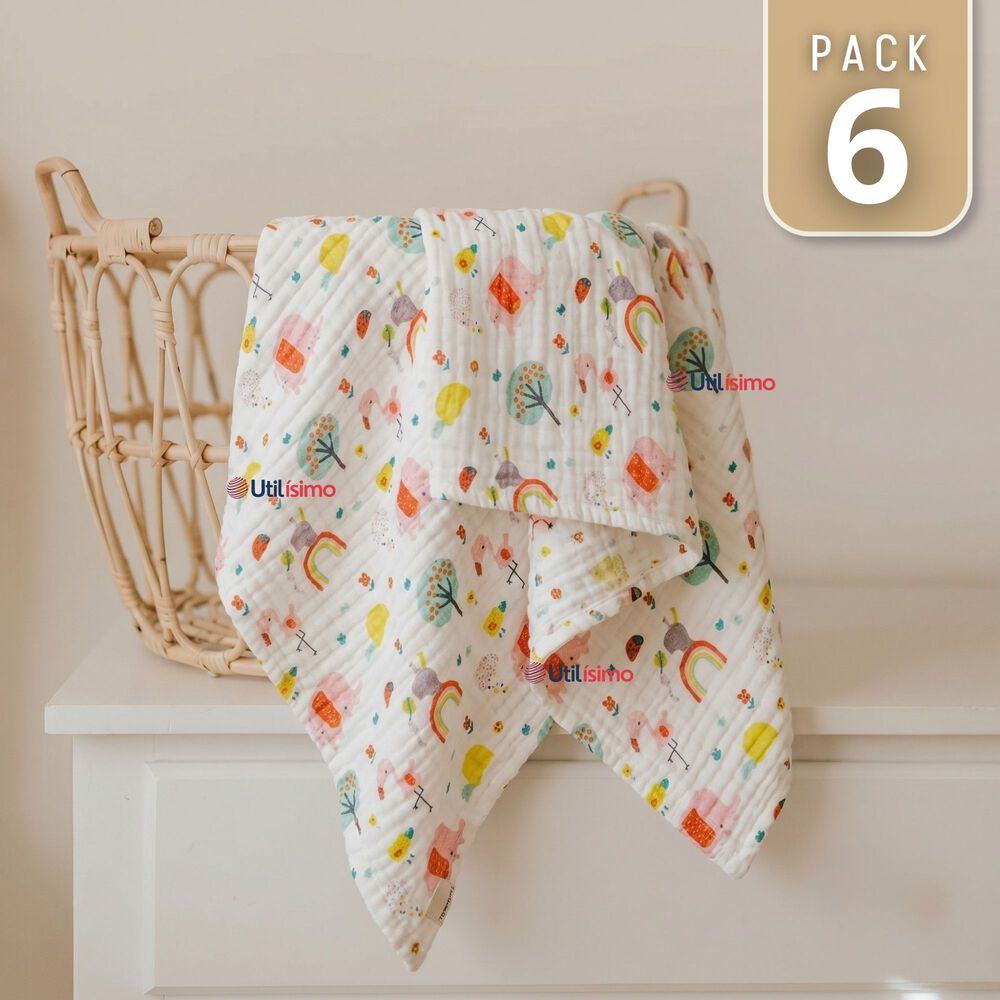 Pack 6 Mantas Muselina 70x 70 Cm Beb&eacute; Ni&ntilde;o Multiuso 100% Algod&oacute;n Colores Surtidos image number 0.0