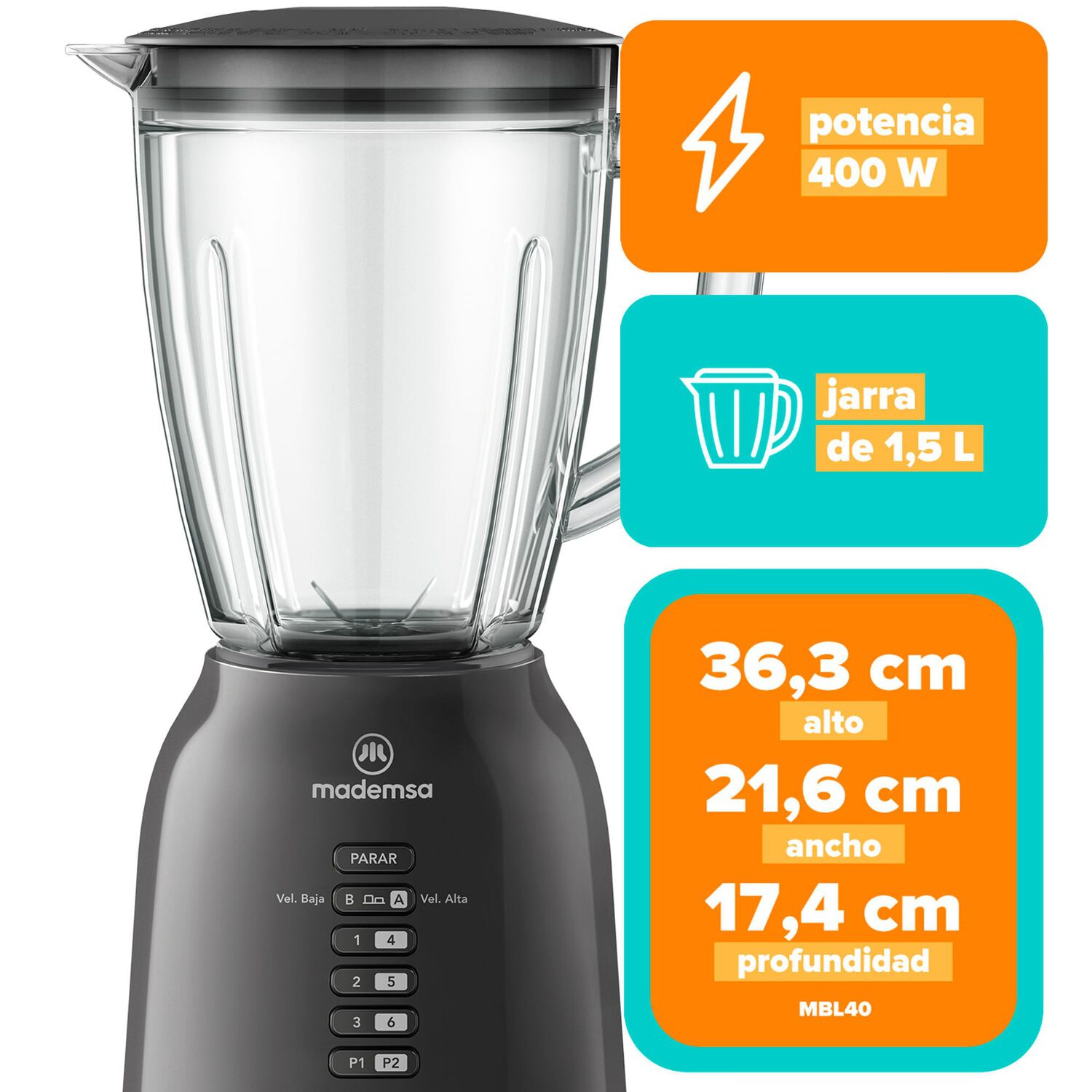 Licuadora Mademsa 1,5l Con 6 Velocidades 400w Mbl40 image number 1.0