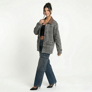 Chaqueta Denim Oversize Con Cuello Ecocuero