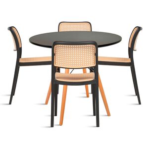 Comedor Eames 80cm Redonda Negra + 4 Sillas De Comedor Enrejada
